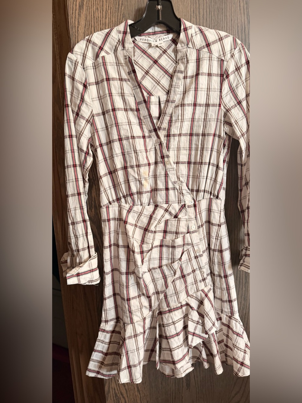 Veronica Beard Cream Plaid Long-Sleeve Wrap Dress with Red & Brown Stripes